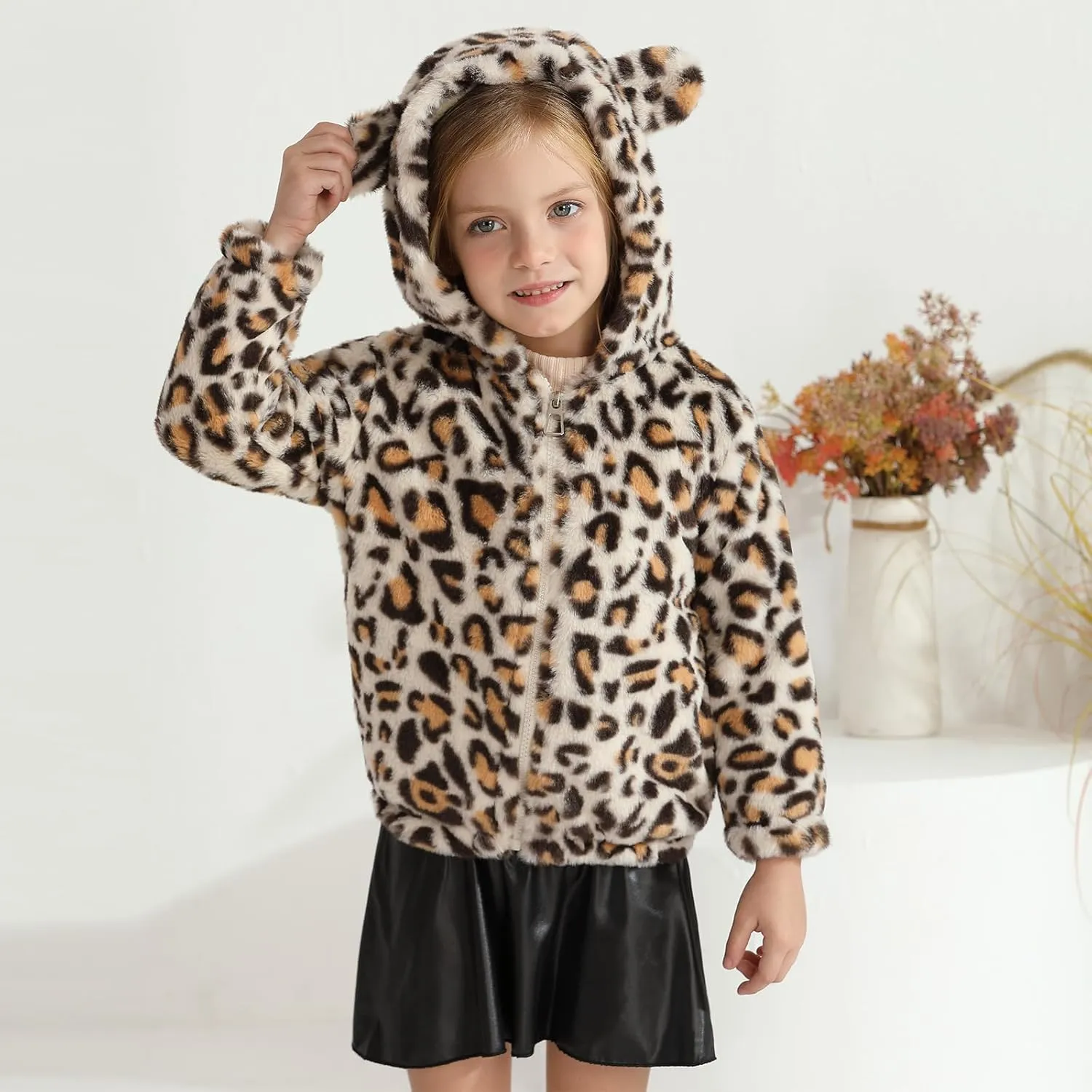 Patgoal Toddler Girls Fleece Jacket Bear Ear ZipUp Hoodie Leopard Warm Fall Winter Coat Kid Fuzzy Outerwear with Pocket