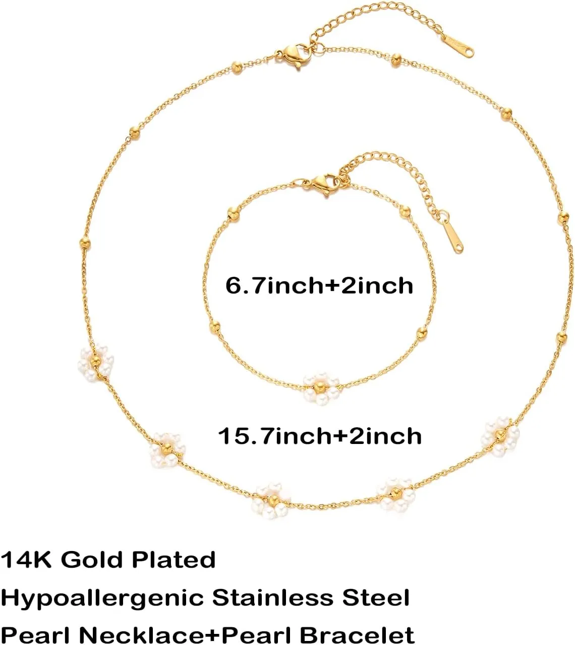 Pearl Necklace for Women Dainty Pearl Jewelry Set Flower Pearl Choker Necklace Bracelet Pearl Drop Earrings 14K Gold Plated Wedding Pearl Jewelry