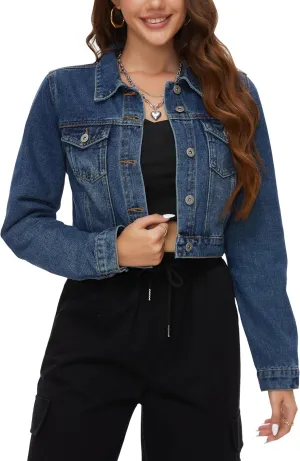 PEIQI Womens Cropped Jean Denim Jacket Button Down Long Sleeve with Pockets