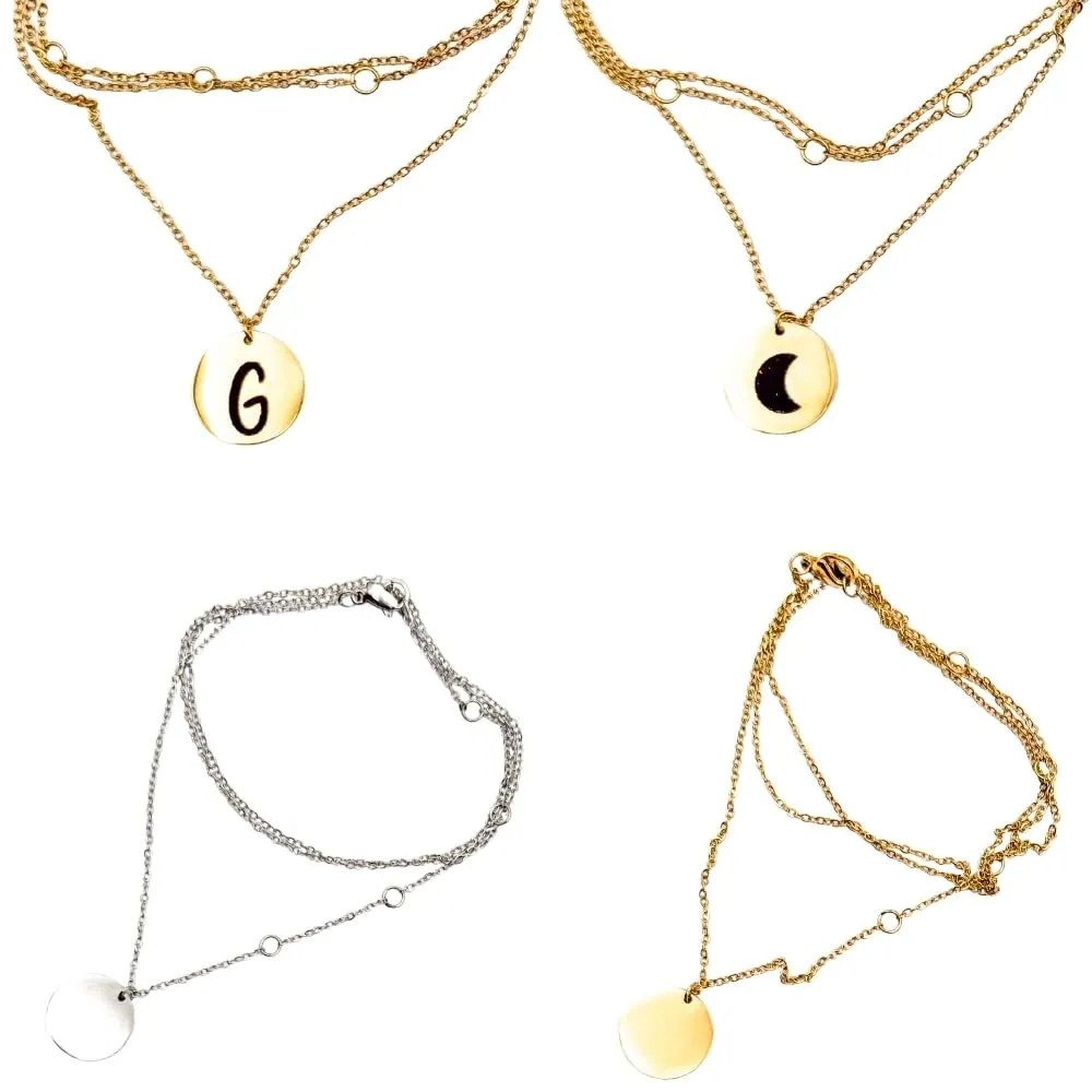 Personalized Gold and Silver Disc Pendant Necklace  Custom Engraved with Initial or Moon Design  Layered Chains  Minimalist Jewelry for Women (Gold)