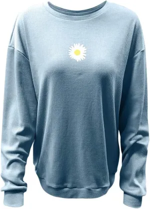 PGOJUNI Crewneck Sweatshirts for Teen Girls, Womens Sweatshirt Loose Waffle Daisy Graphic Casual Long Sleeve Shirts Blouse