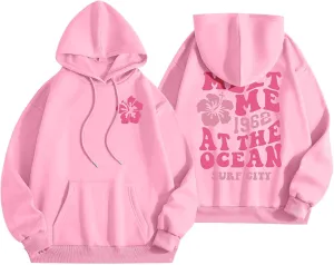 Pink Preppy Hoodie for Women Teen Girls Meet Me at The Ocean Graphic Y2K Comfort Hoodie Oversized Hooded Sweatshirts