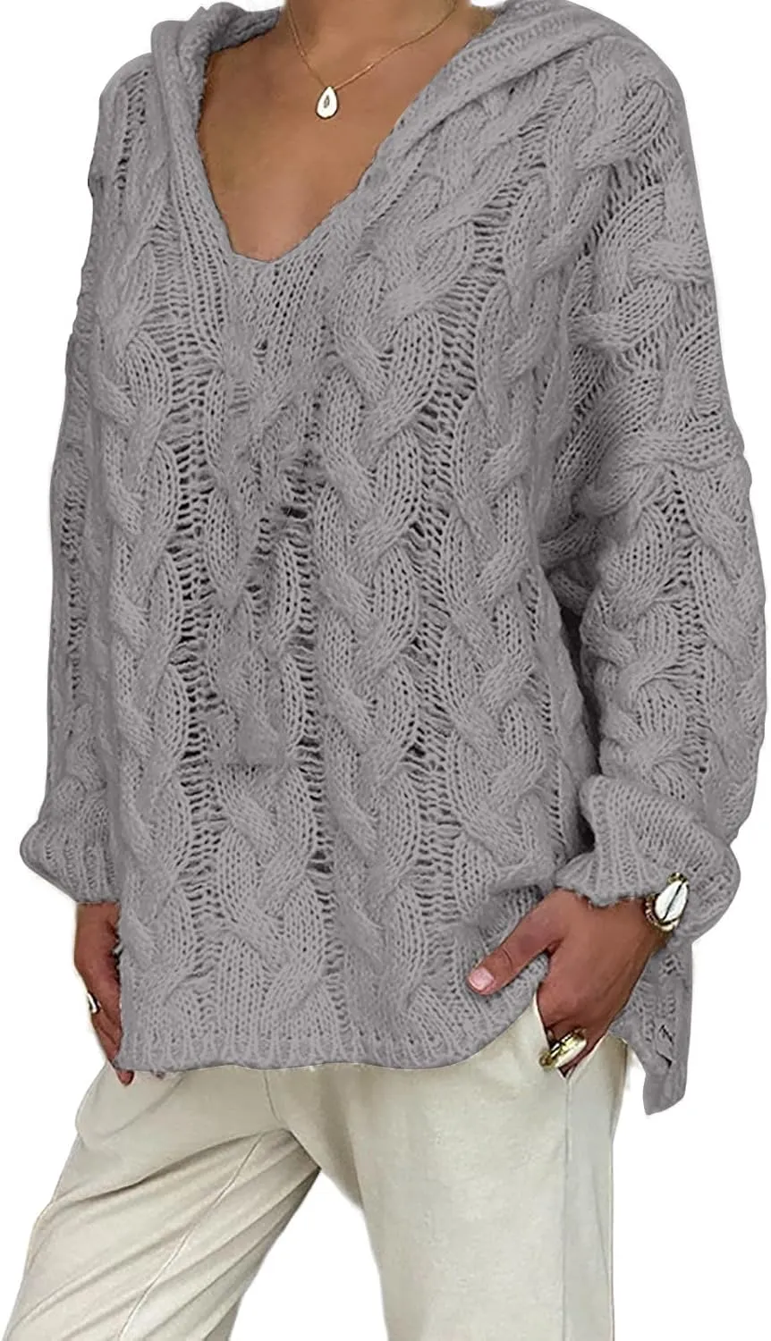 Plus Size Sweater for Women Hooded Fashion Cable Knit Sweatshirt Long Sleeve Oversized Knitwear Top Crewneck Hoodies