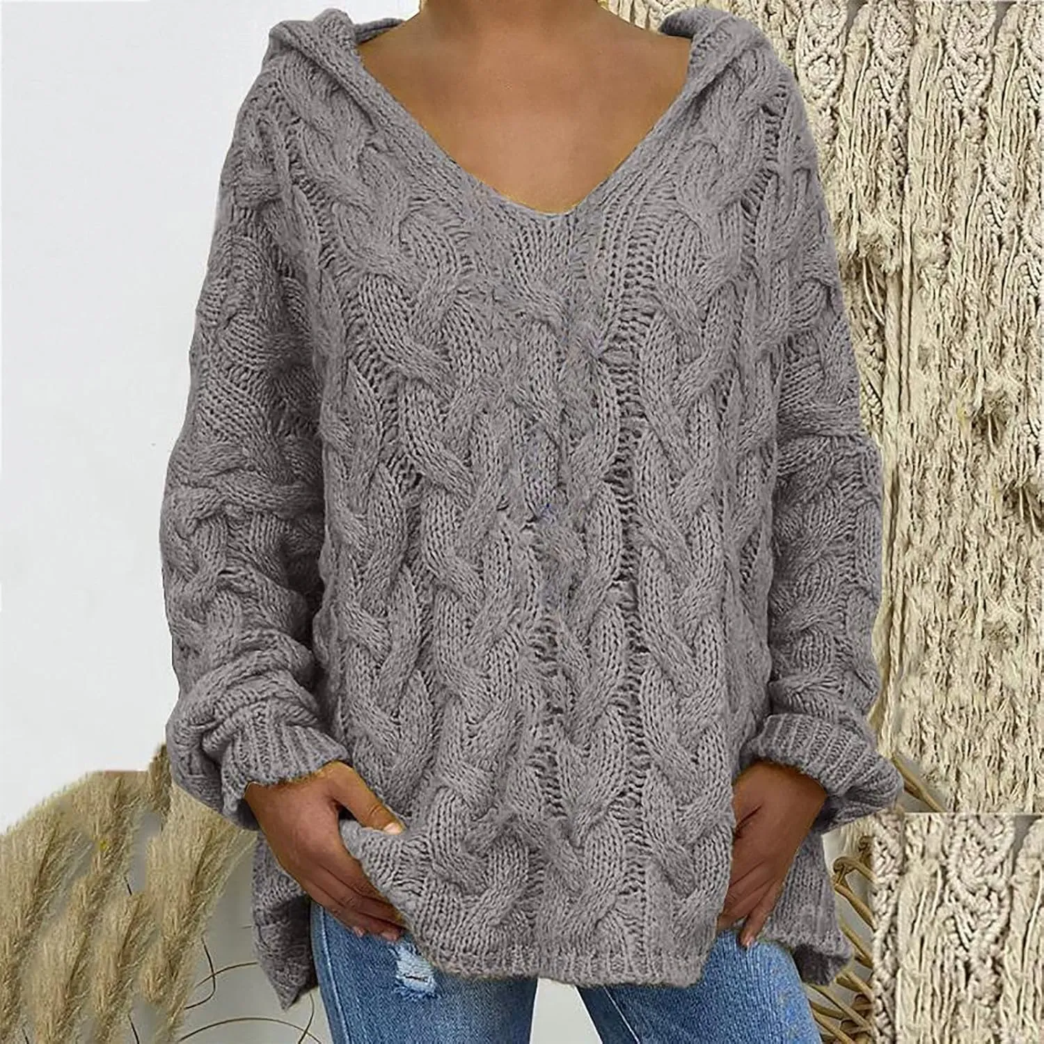 Plus Size Sweater for Women Hooded Fashion Cable Knit Sweatshirt Long Sleeve Oversized Knitwear Top Crewneck Hoodies
