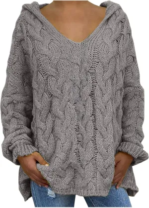 Plus Size Sweater for Women Hooded Fashion Cable Knit Sweatshirt Long Sleeve Oversized Knitwear Top Crewneck Hoodies