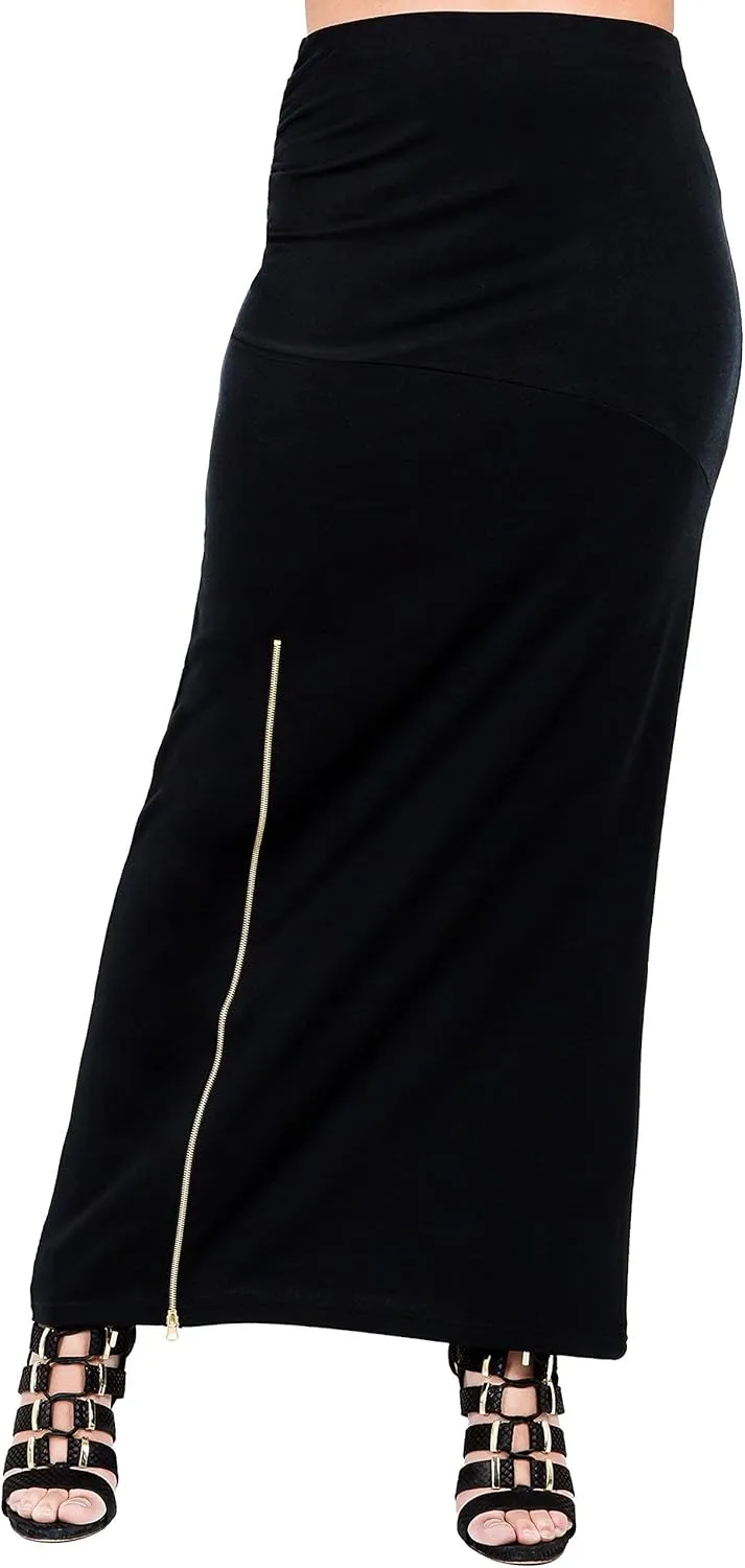 Poetic Justice Curvy Women's Black Stretch Maxi Skirt with Zip Up Split