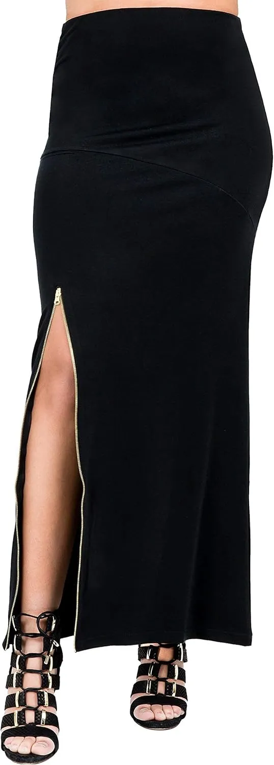 Poetic Justice Curvy Women's Black Stretch Maxi Skirt with Zip Up Split
