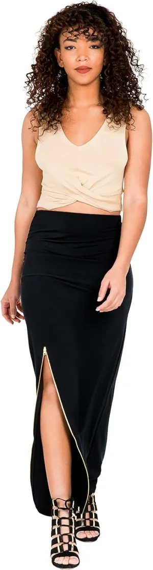 Poetic Justice Curvy Women's Black Stretch Maxi Skirt with Zip Up Split