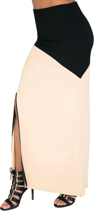 Poetic Justice Curvy Women's Champagne Black Zip Up Split Stretch Maxi Skirt