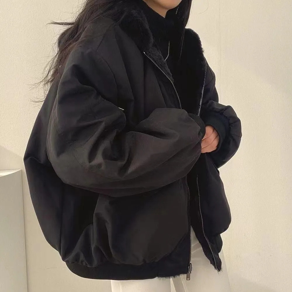 Pooyikoi Sherpa Jacket for Women Reversible Jacket Y2k Sherpa Zip Up Hoodie Fleece Fur Winter Coat Oversized Korean Clothes
