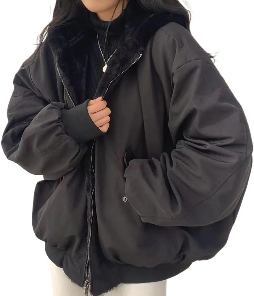 Pooyikoi Sherpa Jacket for Women Reversible Jacket Y2k Sherpa Zip Up Hoodie Fleece Fur Winter Coat Oversized Korean Clothes