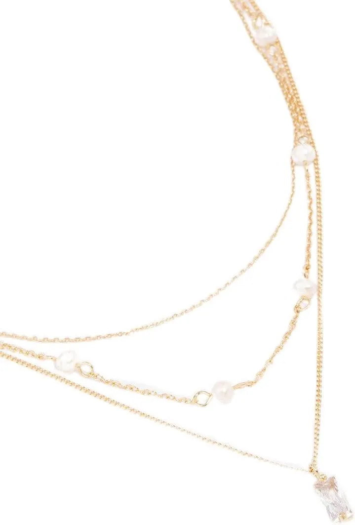 Premium Gold Plated Brass Trio Pearl Baguette Layered Necklace | Hypoallergenic | Elegant and Versatile