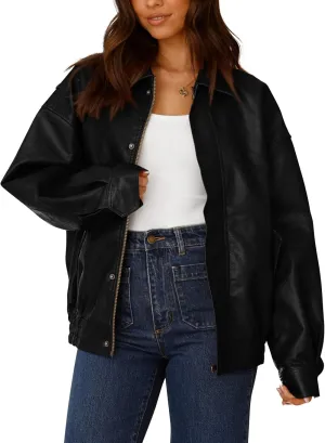 PRETTYGARDEN Women's Faux Leather Motorcycle Jacket Trendy Fall Spring Clothes Oversized Zip Up Winter Coat Outerwear