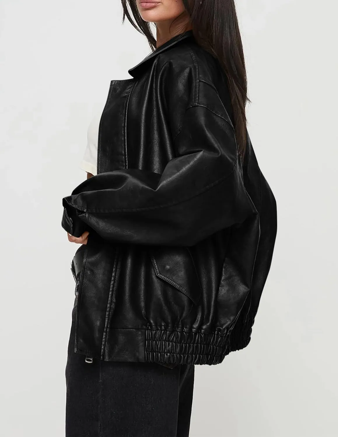 PRETTYGARDEN Women's Faux Leather Motorcycle Jacket Trendy Fall Spring Clothes Oversized Zip Up Winter Coat Outerwear