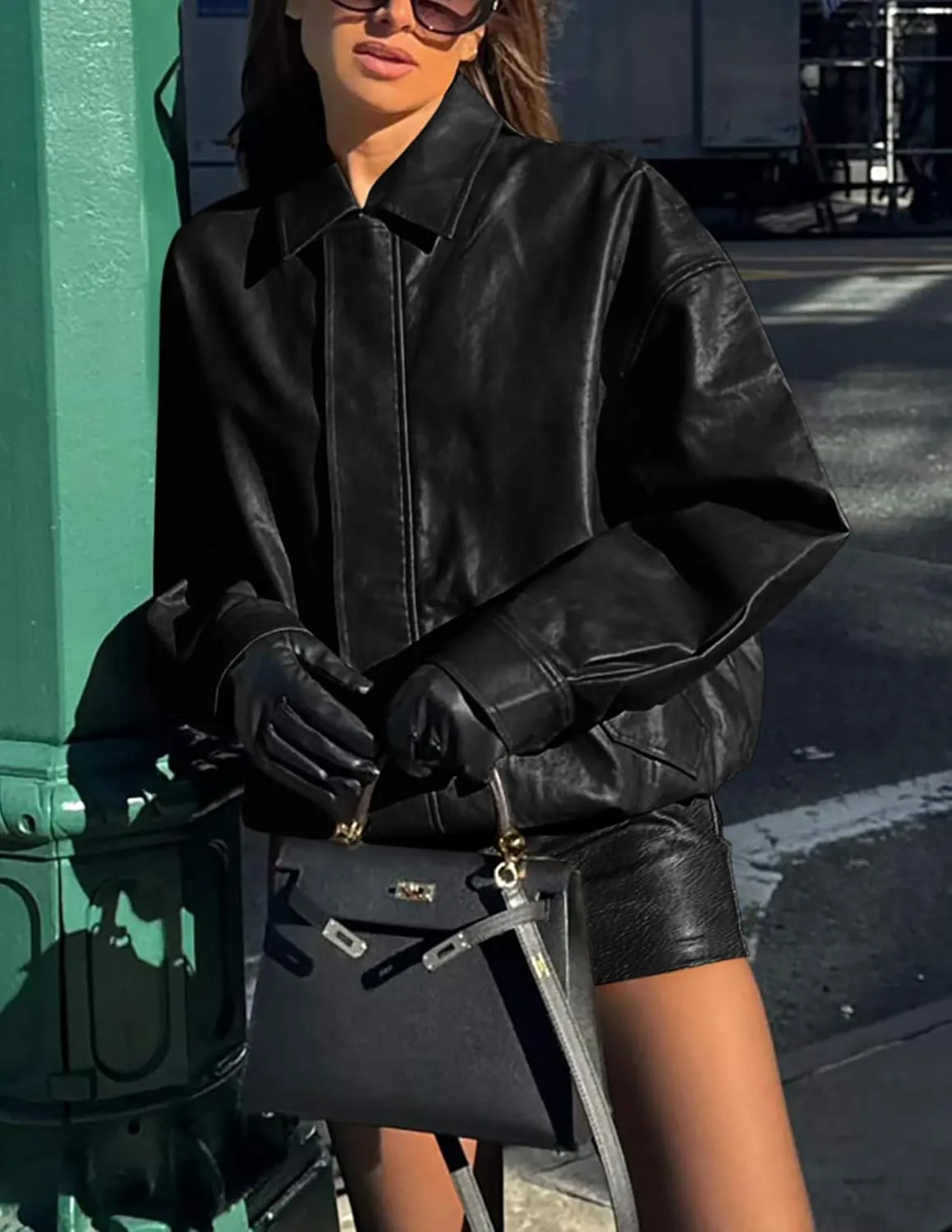 PRETTYGARDEN Women's Faux Leather Motorcycle Jacket Trendy Fall Spring Clothes Oversized Zip Up Winter Coat Outerwear