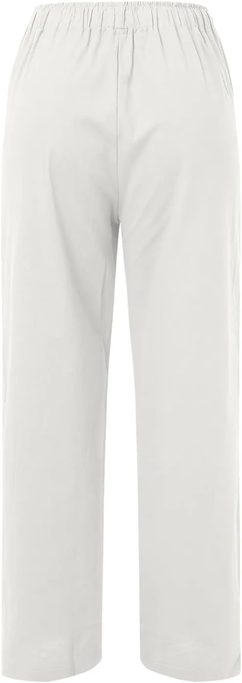 PTOLOCIF Cotton Linen Pants for Women Casual High Waist Loose Fit Drawstring Trousers with Pockets Summer Fashion Linen Pants