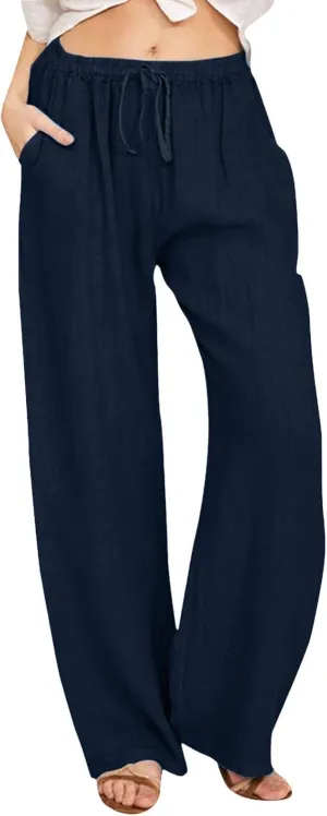 PTOLOCIF Cotton Linen Pants for Women Casual High Waist Loose Fit Drawstring Trousers with Pockets Summer Fashion Linen Pants