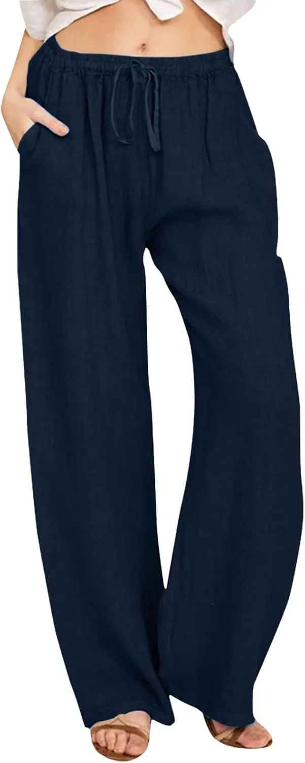 PTOLOCIF Cotton Linen Pants for Women Casual High Waist Loose Fit Drawstring Trousers with Pockets Summer Fashion Linen Pants