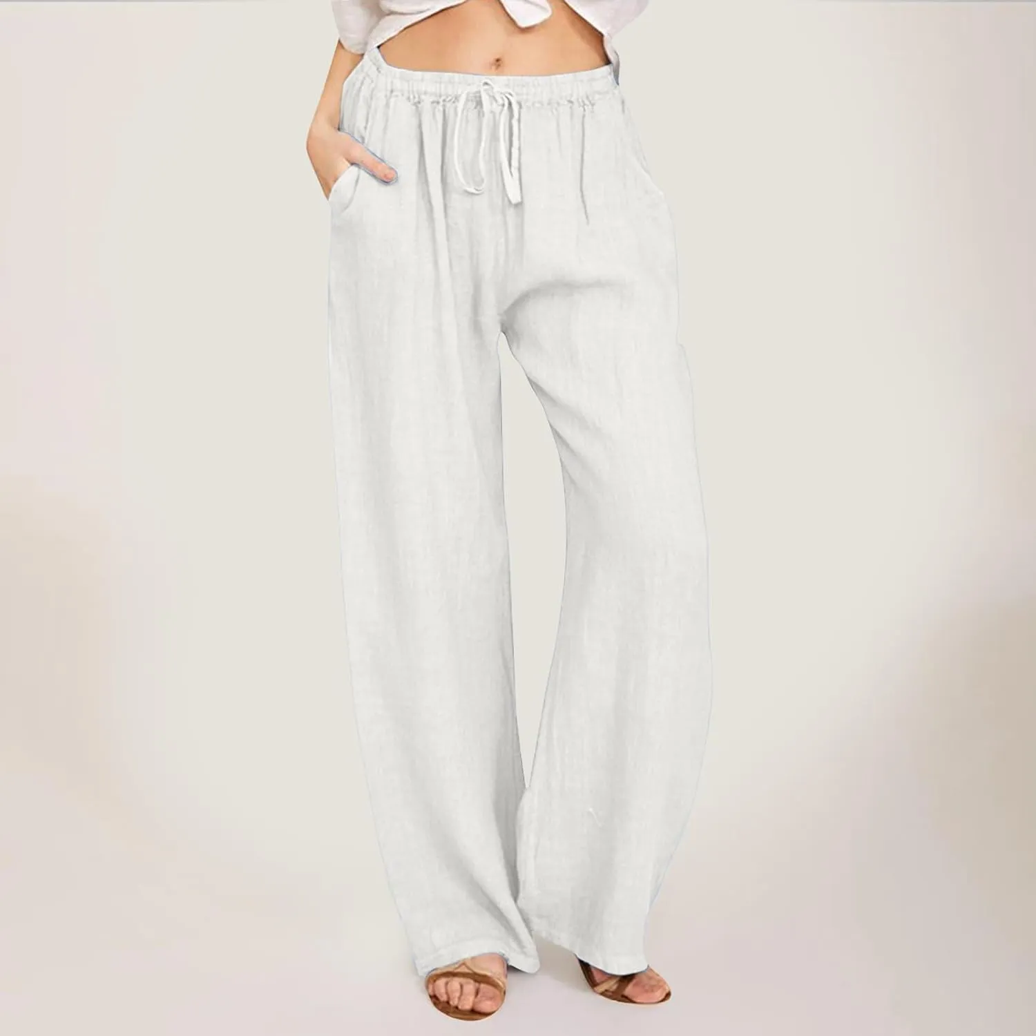 PTOLOCIF Cotton Linen Pants for Women Casual High Waist Loose Fit Drawstring Trousers with Pockets Summer Fashion Linen Pants