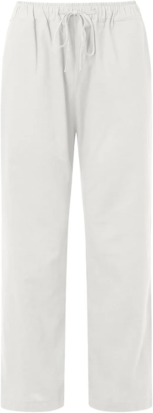 PTOLOCIF Cotton Linen Pants for Women Casual High Waist Loose Fit Drawstring Trousers with Pockets Summer Fashion Linen Pants
