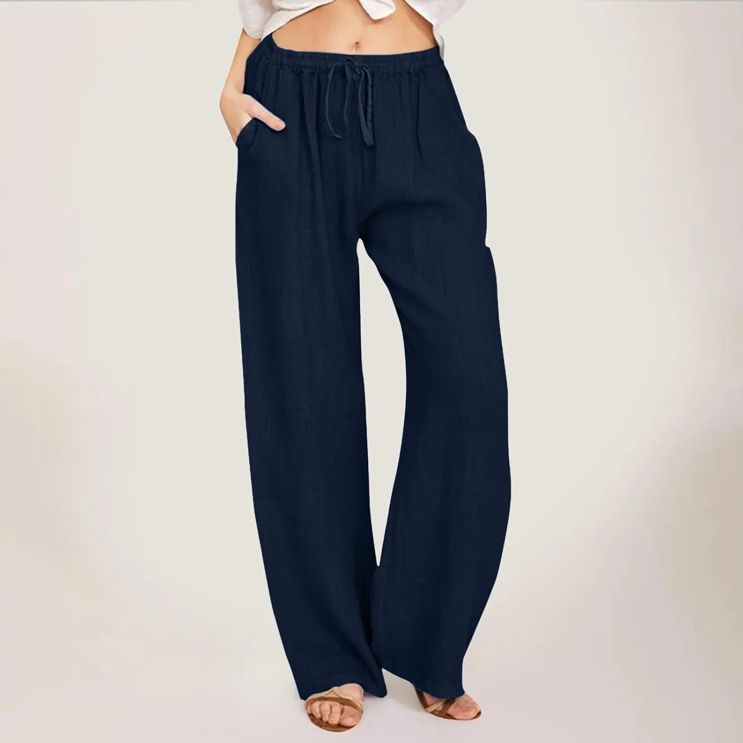 PTOLOCIF Cotton Linen Pants for Women Casual High Waist Loose Fit Drawstring Trousers with Pockets Summer Fashion Linen Pants