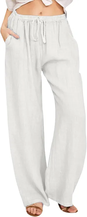 PTOLOCIF Cotton Linen Pants for Women Casual High Waist Loose Fit Drawstring Trousers with Pockets Summer Fashion Linen Pants