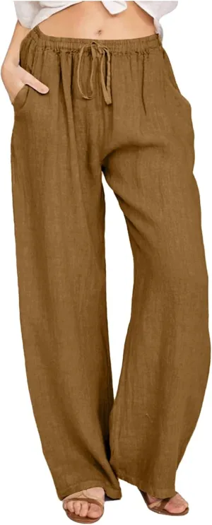 PTOLOCIF Cotton Linen Pants for Women Lightweight Cropped Wide Leg Pants Elastic Waist Casual Palazzo Trousers with Pockets