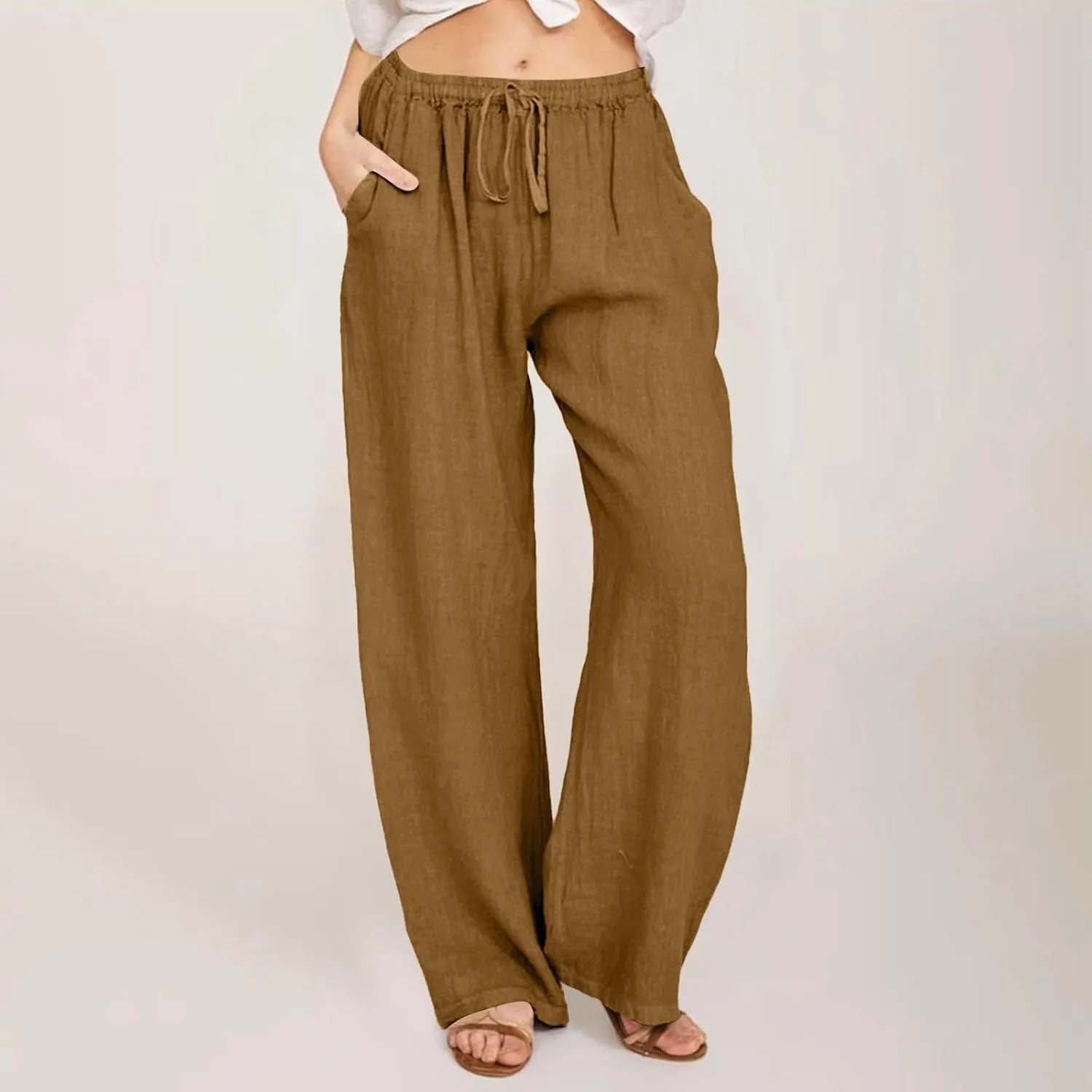 PTOLOCIF Cotton Linen Pants for Women Lightweight Cropped Wide Leg Pants Elastic Waist Casual Palazzo Trousers with Pockets