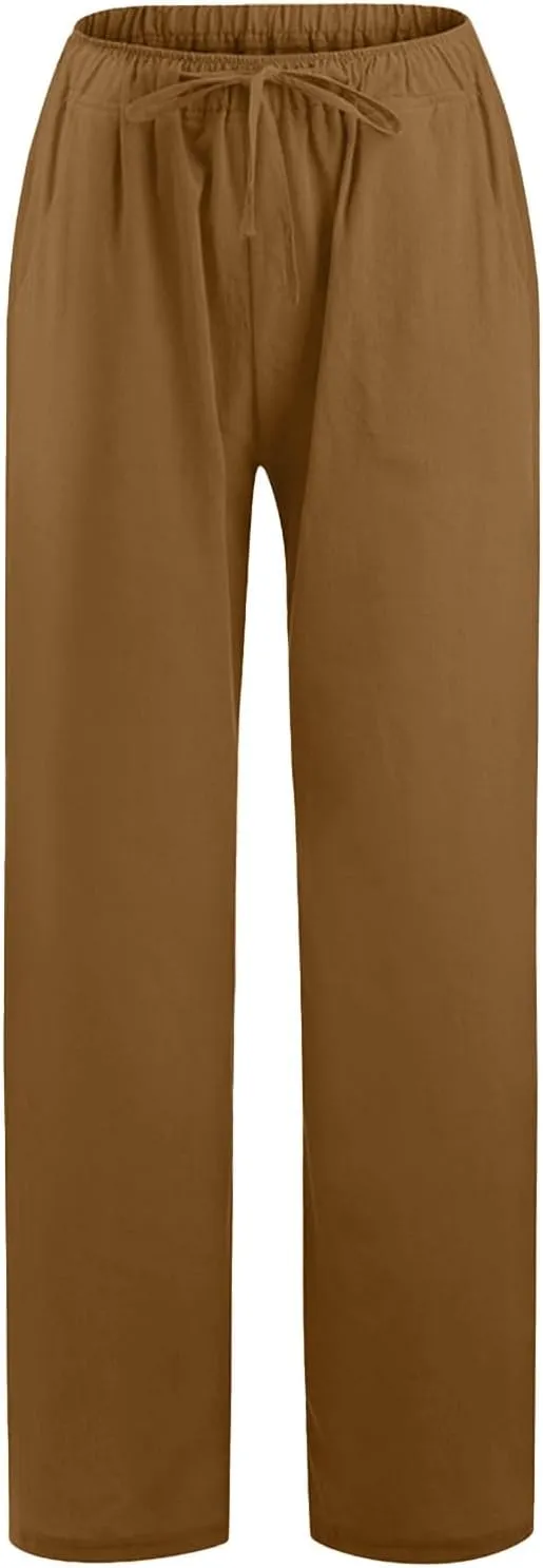 PTOLOCIF Cotton Linen Pants for Women Lightweight Cropped Wide Leg Pants Elastic Waist Casual Palazzo Trousers with Pockets