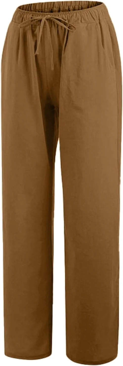 PTOLOCIF Cotton Linen Pants for Women Lightweight Cropped Wide Leg Pants Elastic Waist Casual Palazzo Trousers with Pockets