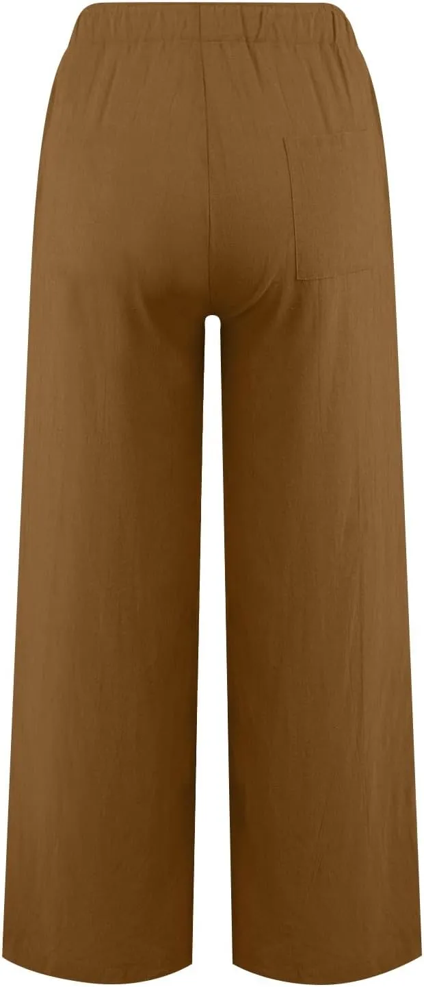 PTOLOCIF Cotton Linen Pants for Women Lightweight Cropped Wide Leg Pants Elastic Waist Casual Palazzo Trousers with Pockets
