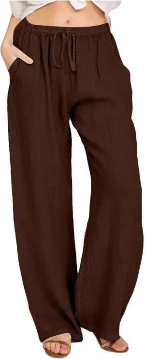 PTOLOCIF Cotton Linen Pants for Women Lightweight Cropped Wide Leg Pants Elastic Waist Casual Palazzo Trousers with Pockets