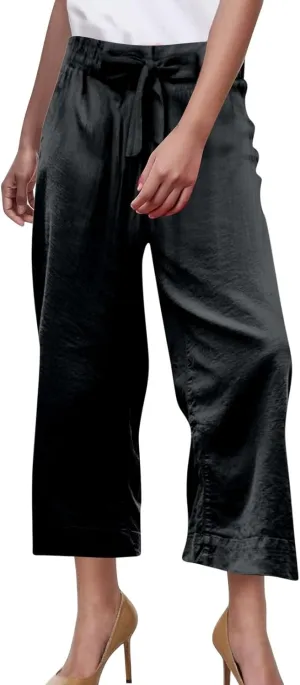 PTOLOCIF Cotton Linen Pants Women Culottes Pants Elastic High Waist Wide Leg Palazzo Trousers Straight Leg Pant with Pockets