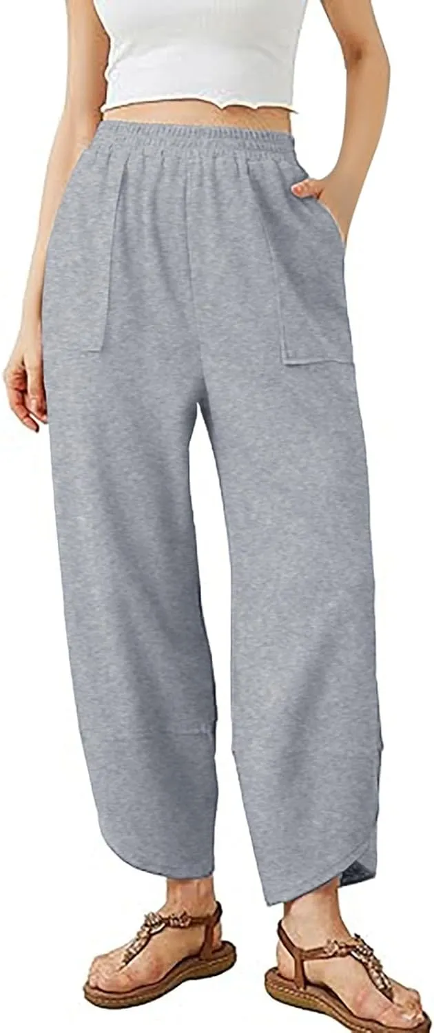PTOLOCIF Cotton Linen Pants Women Summer Drawstring Elastic Waist Pants Wide Leg Cropped Lounge Trousers with Pockets