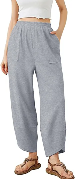 PTOLOCIF Cotton Linen Pants Women Summer Drawstring Elastic Waist Pants Wide Leg Cropped Lounge Trousers with Pockets
