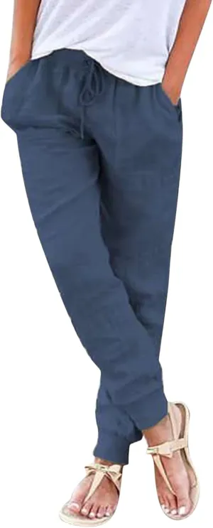 PTOLOCIF Cotton Linen Pants Women Wide Straight Leg Pants Baggy Elastic Waist Pant Summer Loose Fit Trousers with Pockets