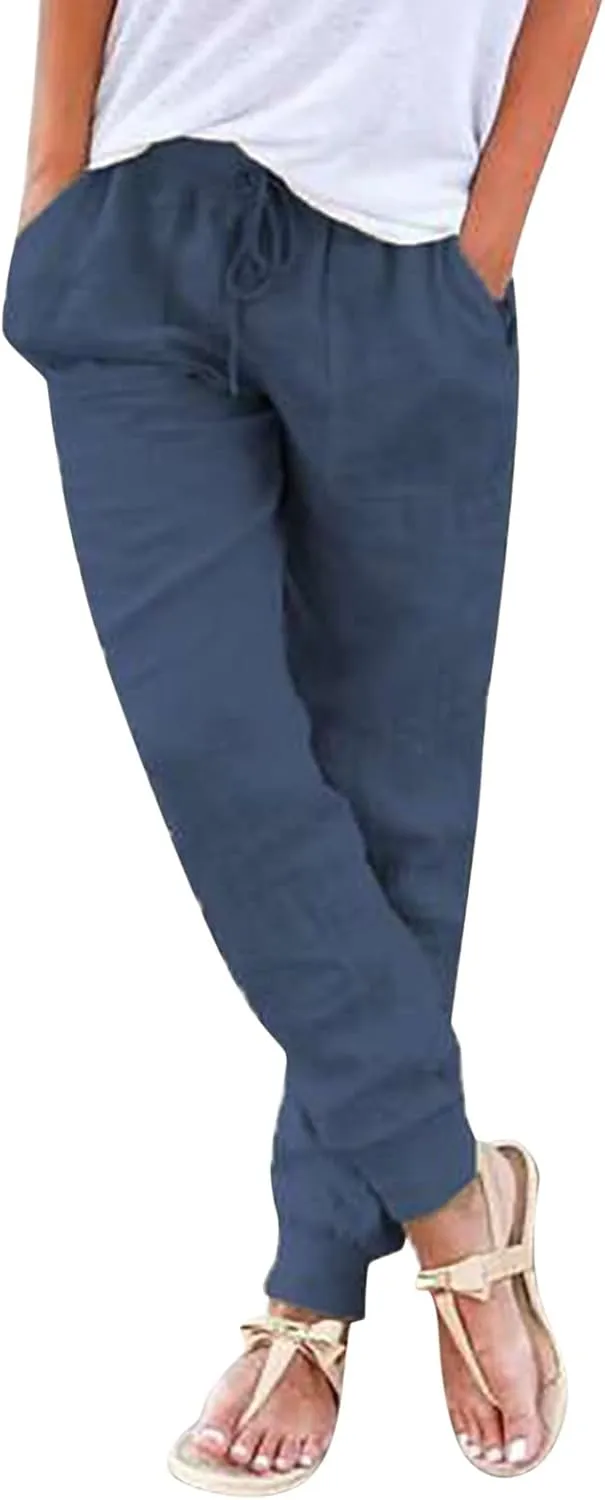 PTOLOCIF Cotton Linen Pants Women Wide Straight Leg Pants Baggy Elastic Waist Pant Summer Loose Fit Trousers with Pockets