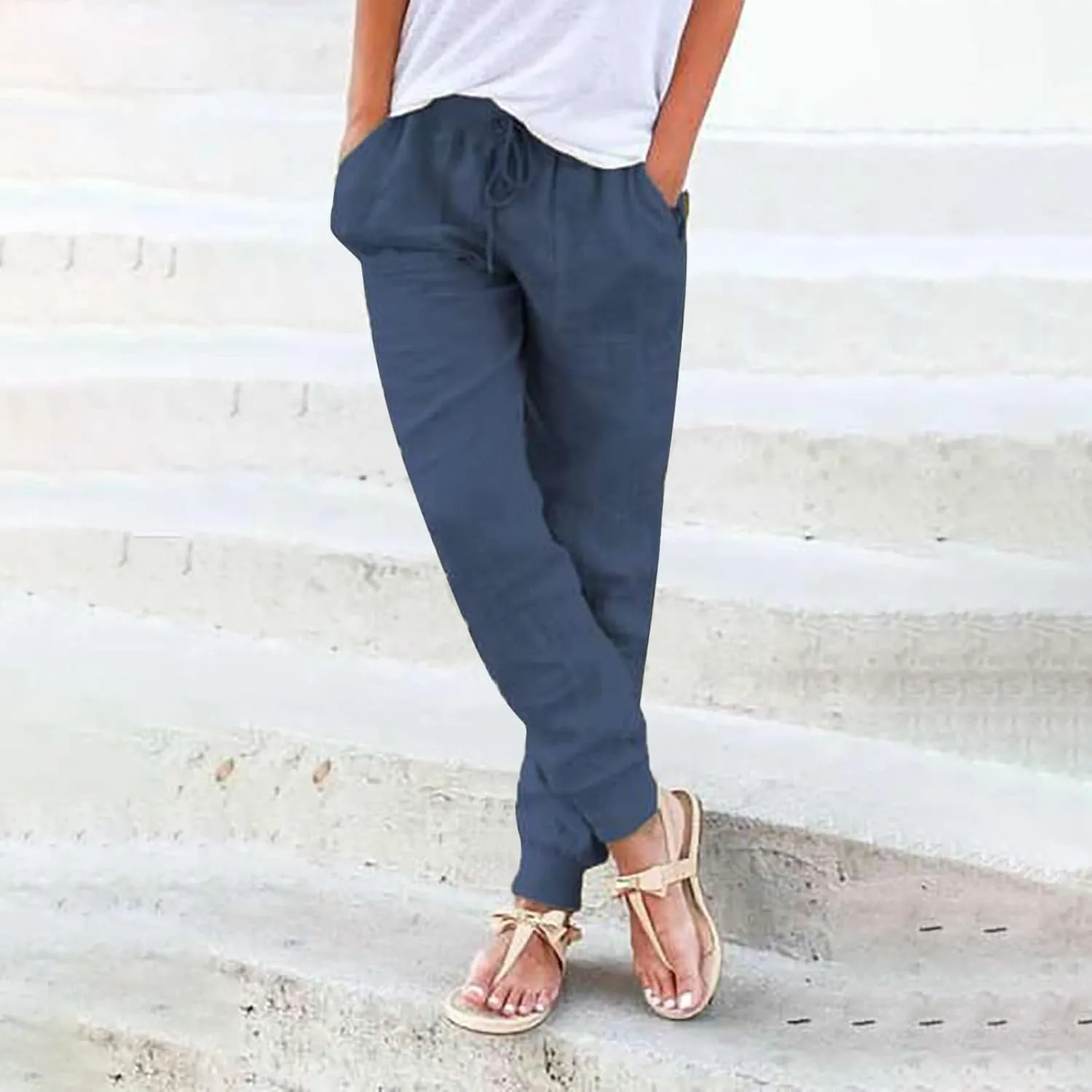 PTOLOCIF Cotton Linen Pants Women Wide Straight Leg Pants Baggy Elastic Waist Pant Summer Loose Fit Trousers with Pockets