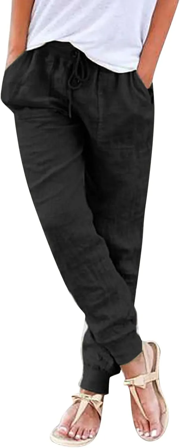 PTOLOCIF Cotton Linen Pants Women Wide Straight Leg Pants Baggy Elastic Waist Pant Summer Loose Fit Trousers with Pockets