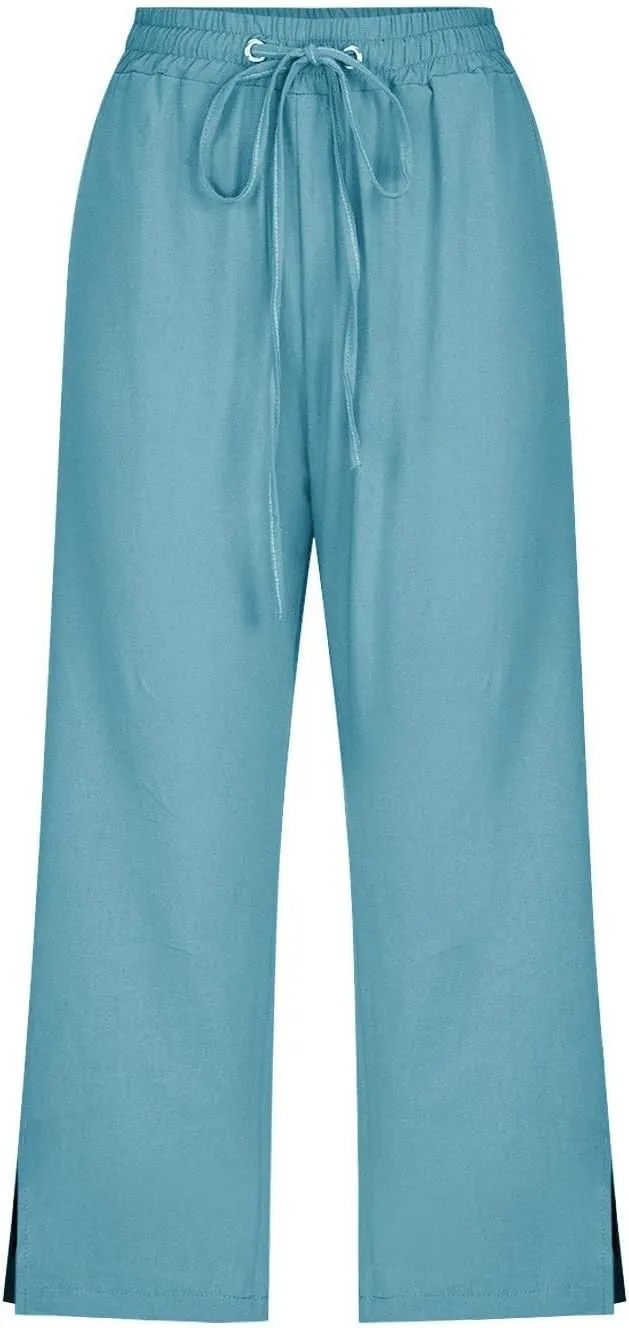 PTOLOCIF Cotton Pants for Women High Waisted Wide Leg Palazzo Pant Drawstring Casual Loose Pants Trousers with Pockets