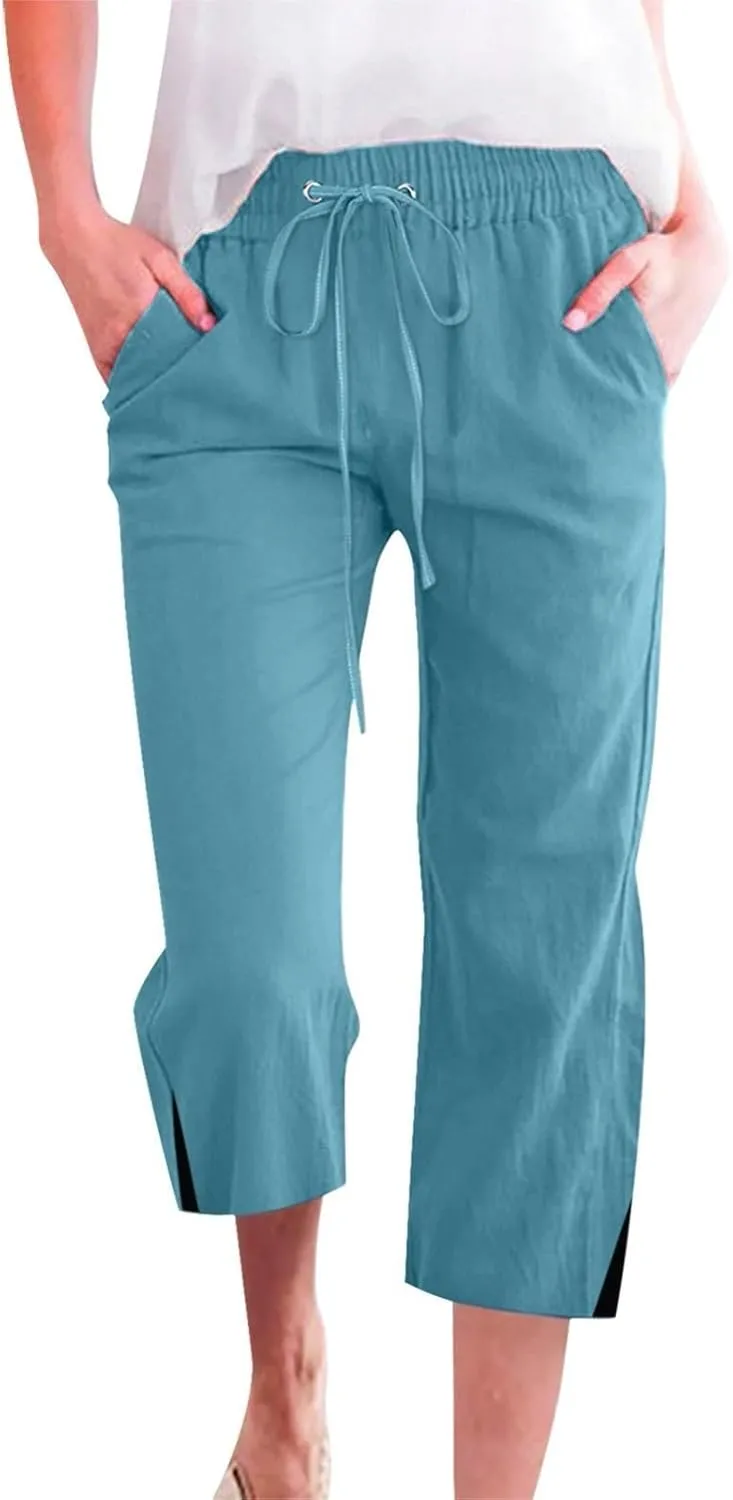 PTOLOCIF Cotton Pants for Women High Waisted Wide Leg Palazzo Pant Drawstring Casual Loose Pants Trousers with Pockets