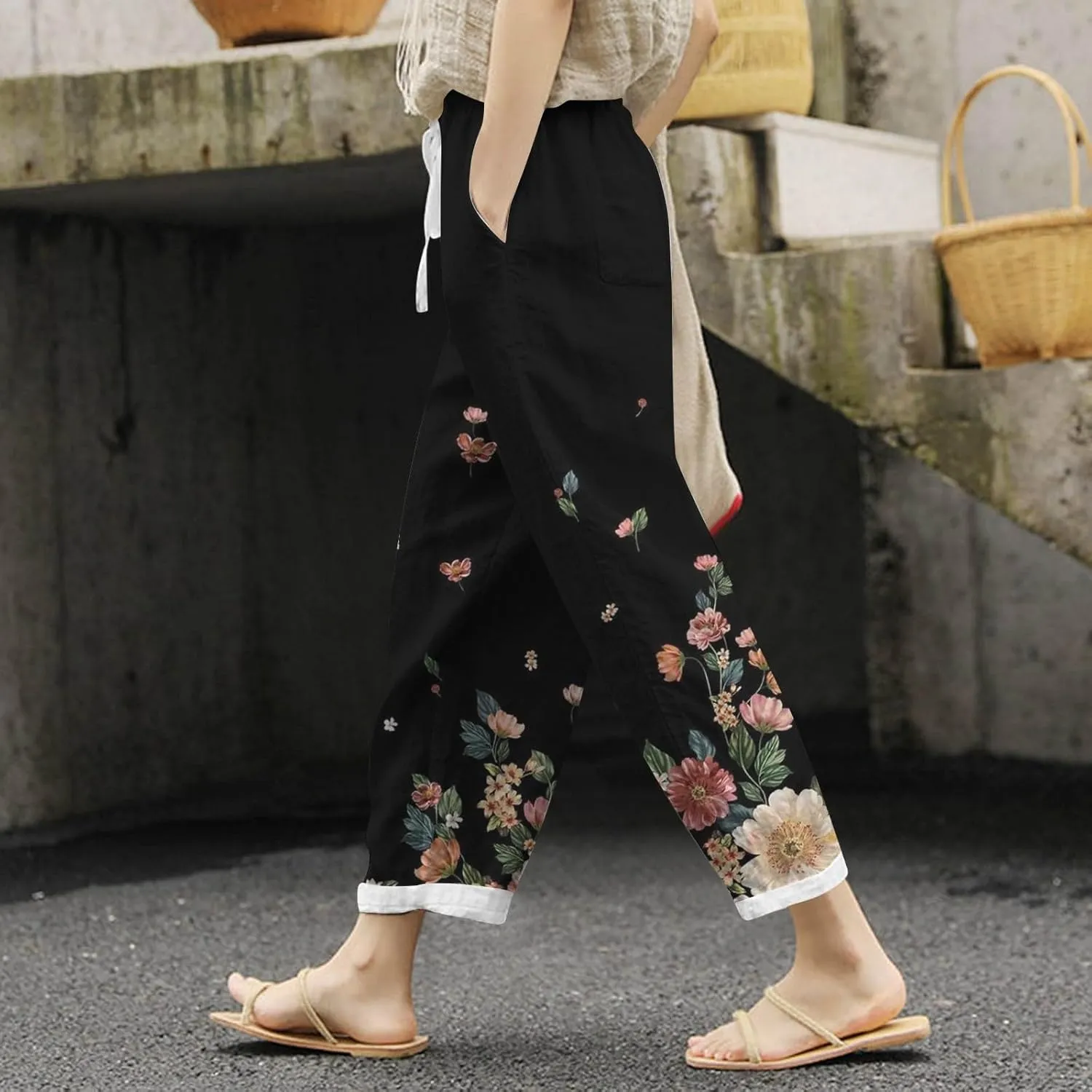 PTOLOCIF Cotton Pants for Women Summer Wide Leg Casual Loose Pant Drawstring High Waist Palazzo Pant Trousers with Pockets