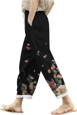 PTOLOCIF Cotton Pants for Women Summer Wide Leg Casual Loose Pant Drawstring High Waist Palazzo Pant Trousers with Pockets
