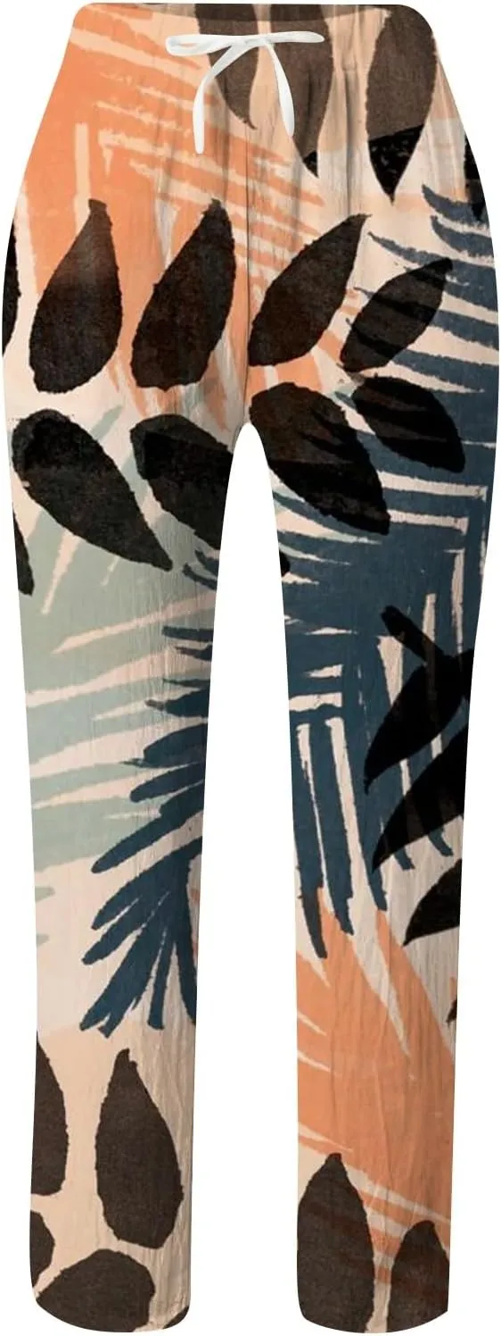PTOLOCIF Cotton Pants for Women Summer Wide Leg Casual Loose Pant Drawstring High Waist Palazzo Pant Trousers with Pockets