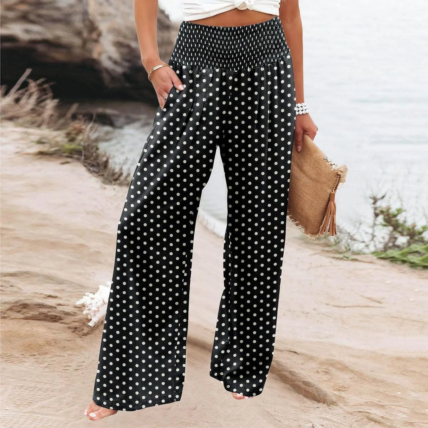 PTOLOCIF Linen Pants for Women High Waisted Long Palazzo Pants Wide Leg Cotton Linen Lounge Pant Trousers with Pockets
