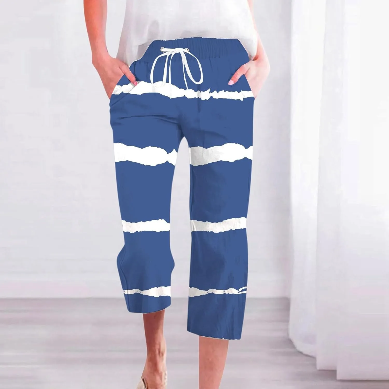 PTOLOCIF Linen Pants for Women Straight Leg Pant Elastic Drawstring Casual Trousers with Pockets Summer Beach Lounge Pants