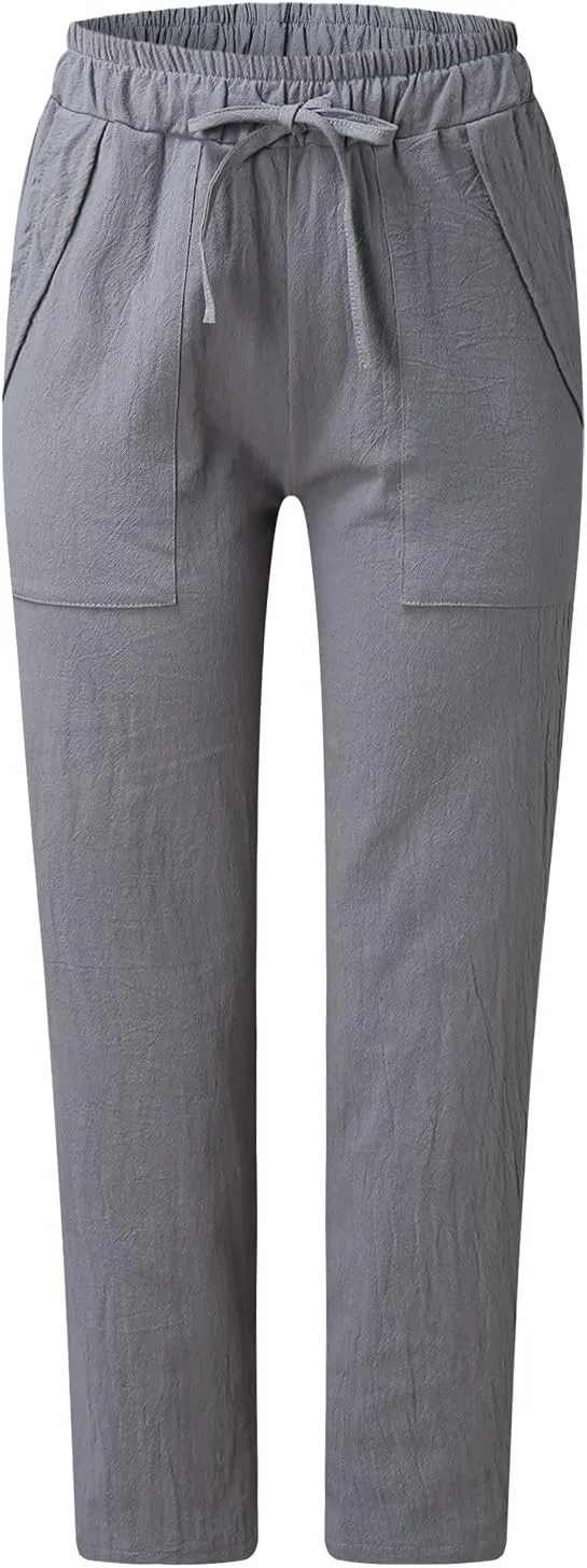 PTOLOCIF Linen Pants for Women Summer Drawstring Waist Pants Wide Leg Loose Cotton Linen Palazzo Trousers with Pockets