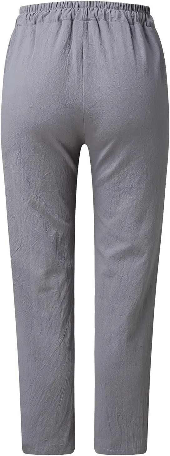 PTOLOCIF Linen Pants for Women Summer Drawstring Waist Pants Wide Leg Loose Cotton Linen Palazzo Trousers with Pockets