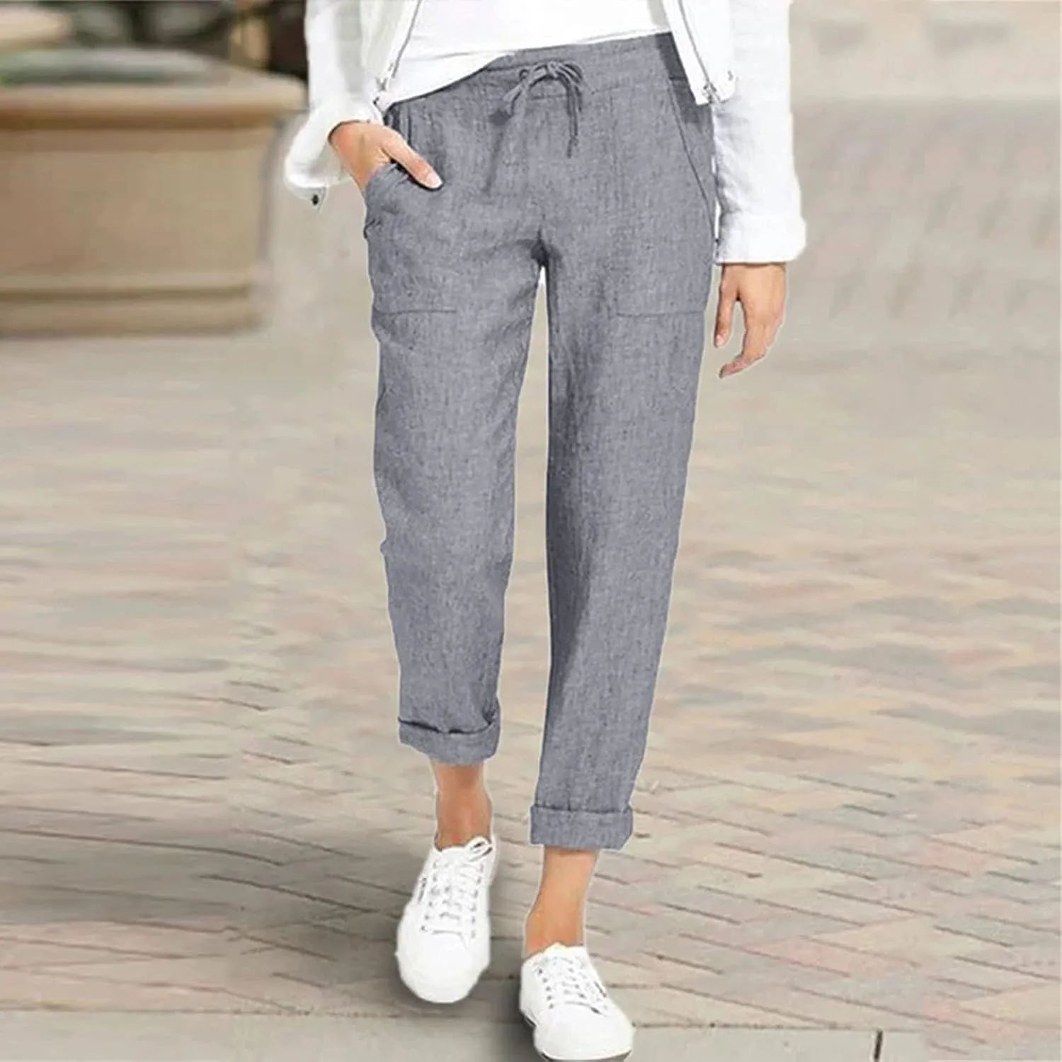 PTOLOCIF Linen Pants for Women Summer Drawstring Waist Pants Wide Leg Loose Cotton Linen Palazzo Trousers with Pockets