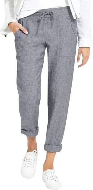 PTOLOCIF Linen Pants for Women Summer Drawstring Waist Pants Wide Leg Loose Cotton Linen Palazzo Trousers with Pockets